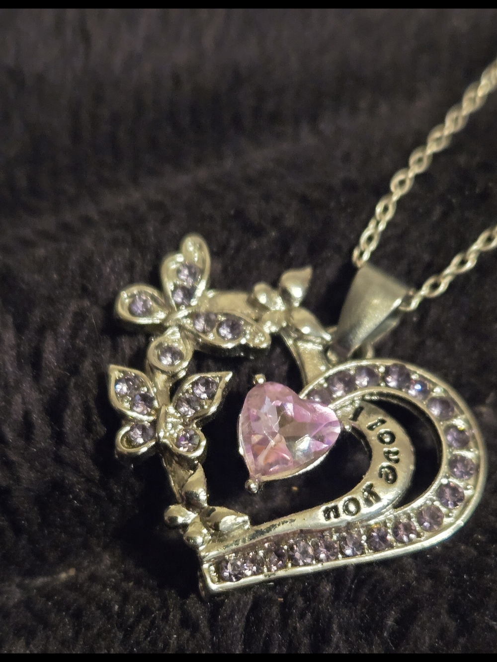 Pink Heart & Butterfly Pendant Necklace - "I Love You"